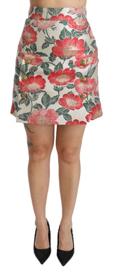 Dolce & Gabbana Weißer grüner roter geblümter Minirock mit hoher Taille