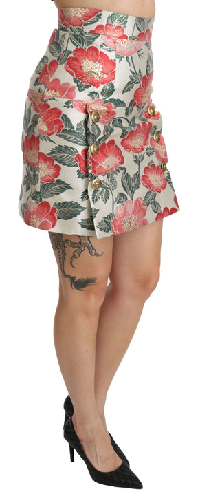Dolce & Gabbana Weißer grüner roter geblümter Minirock mit hoher Taille