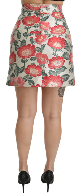 Dolce & Gabbana Weißer grüner roter geblümter Minirock mit hoher Taille
