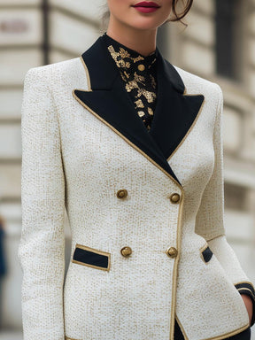 Winter Chic: Cremefarbener Color-Block-Tweed Doppelreihiger Blazer