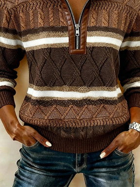 Damen Winter Sweatshirt Color Block mit Teddykragen Braun