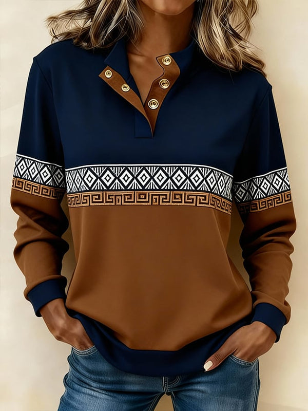 Damen Winter Sweatshirt Ethno Print Navy Camel kuschelweich