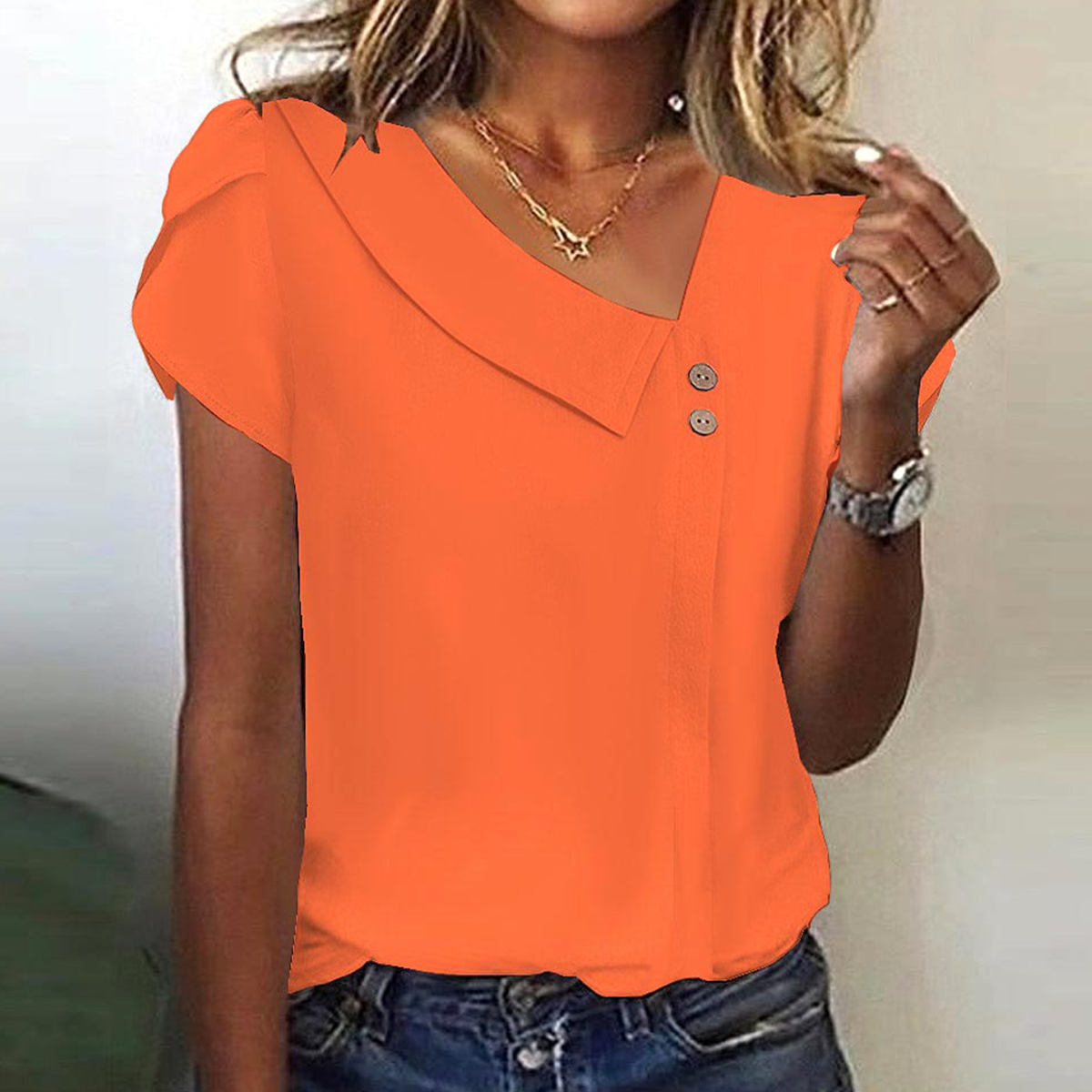 Winter Damen Surplice Top Orange – weiches Kurzarmshirt