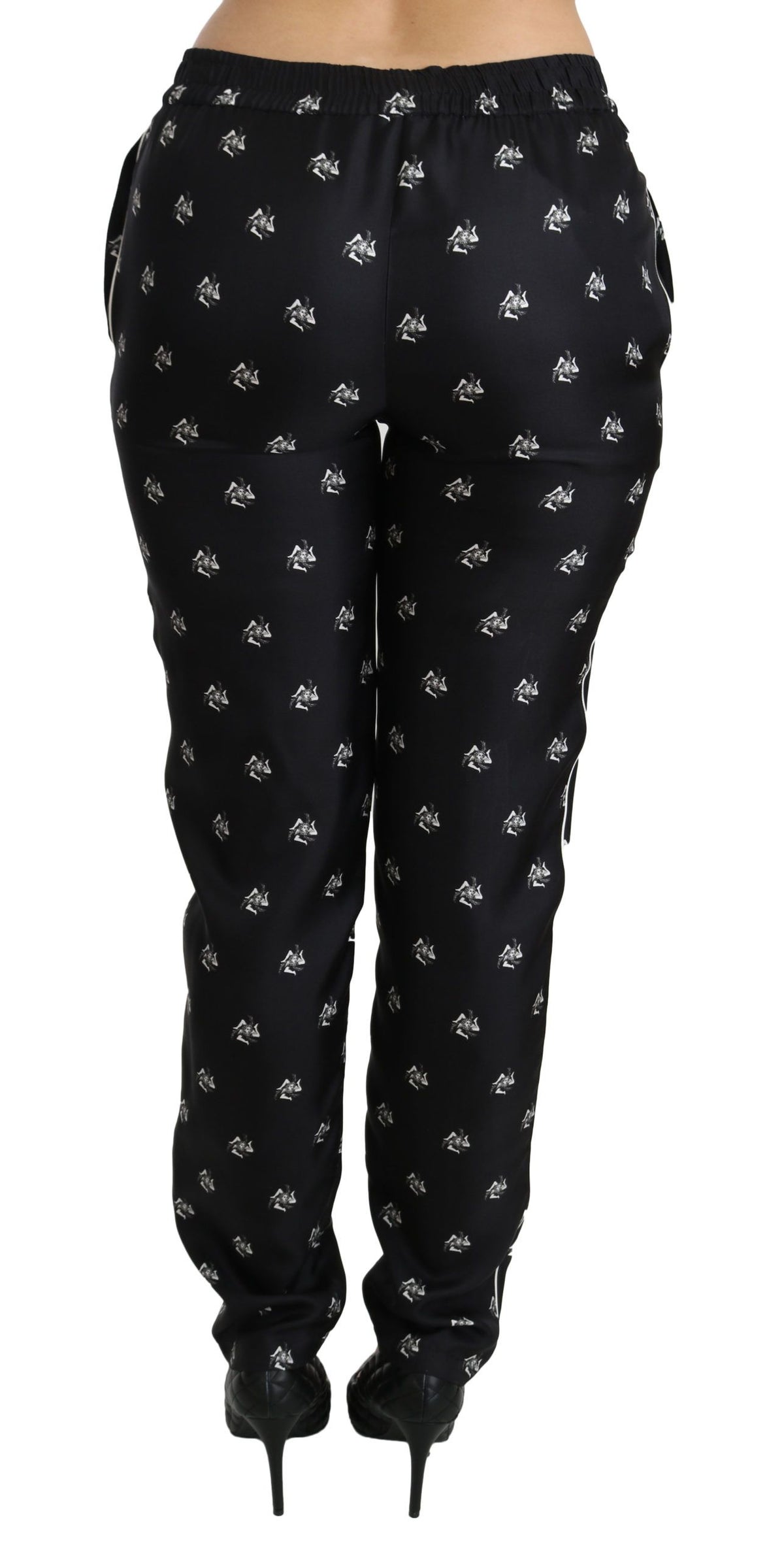Dolce & Gabbana Schwarze bedruckte Skinny-Hose aus Seide mit mittlerer Taille