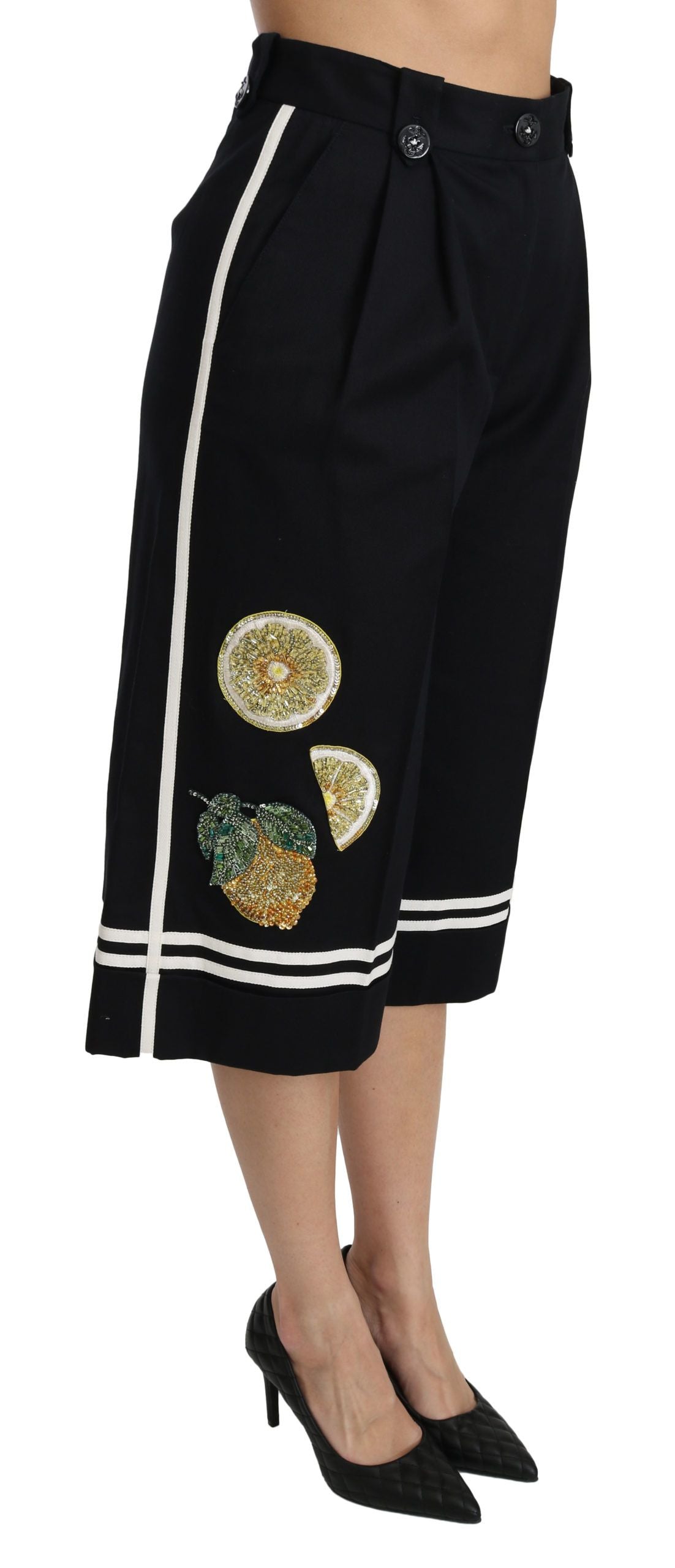 Dolce & Gabbana Schwarze Palazzo-Hose mit Zitronenverzierung und Cropped Pants