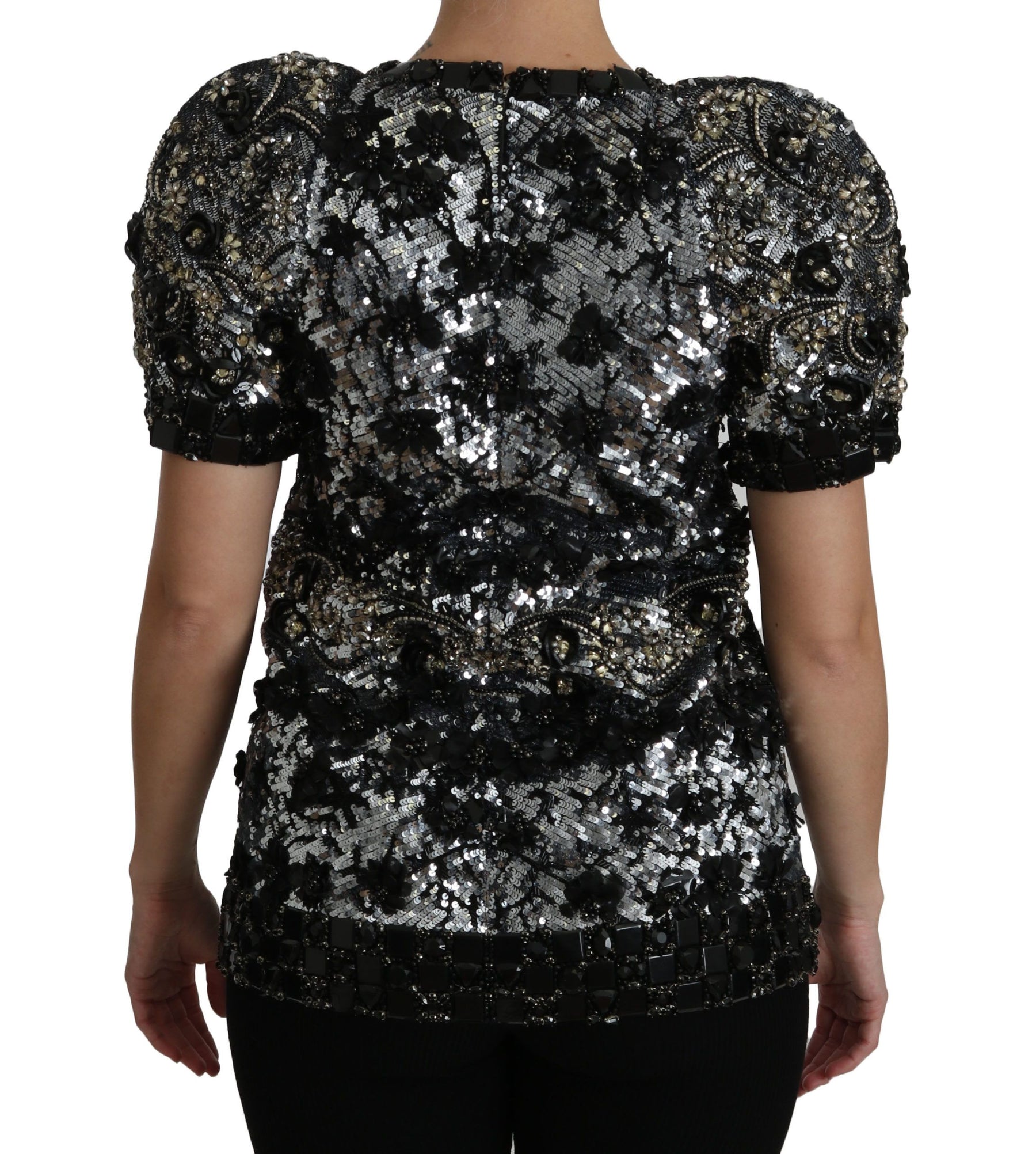 Dolce & Gabbana Schwarzes paillettenbesetztes und kristallverziertes Blusentop