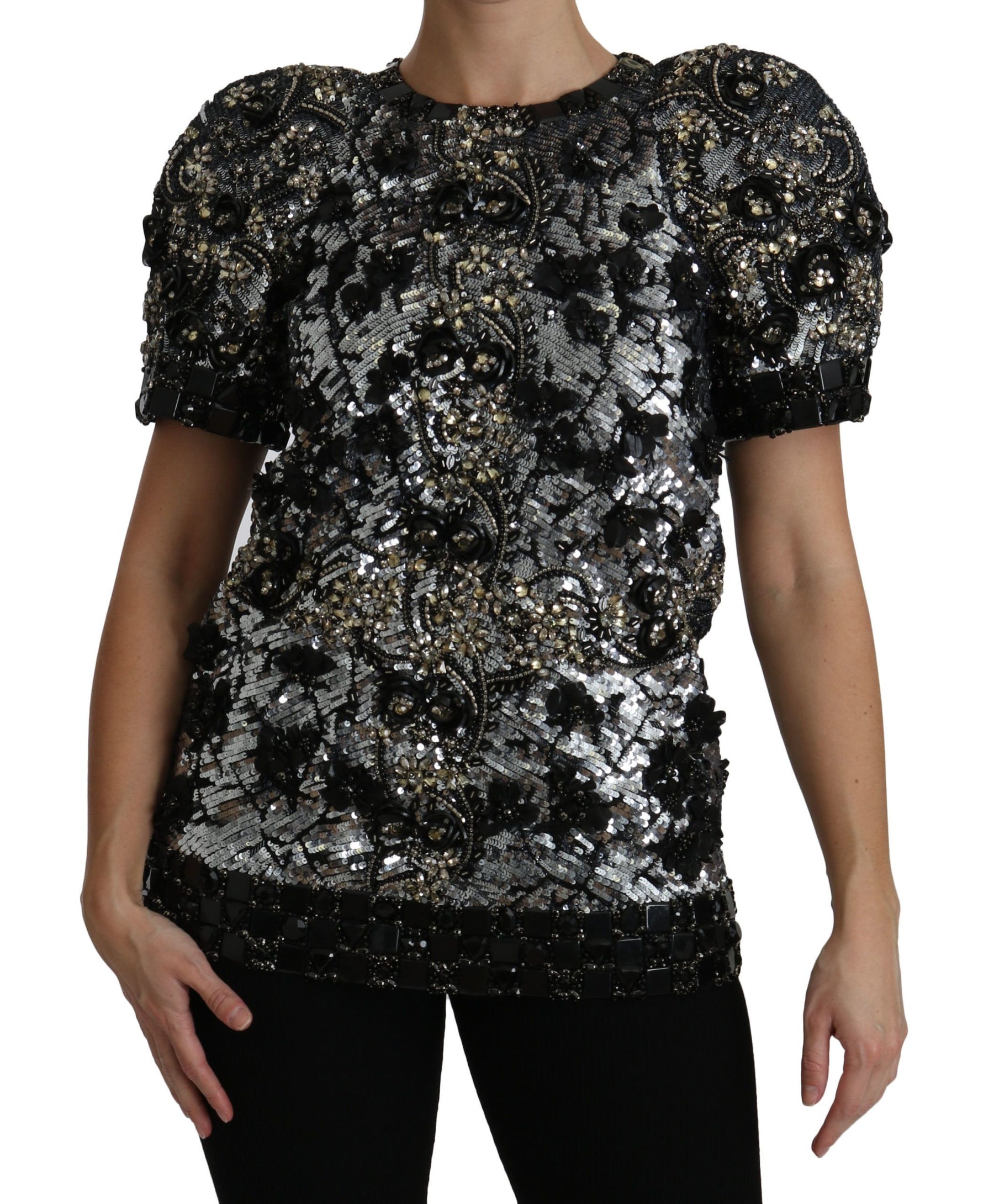 Dolce & Gabbana Schwarzes paillettenbesetztes und kristallverziertes Blusentop