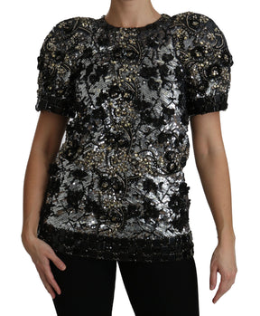 Dolce & Gabbana Schwarzes paillettenbesetztes und kristallverziertes Blusentop