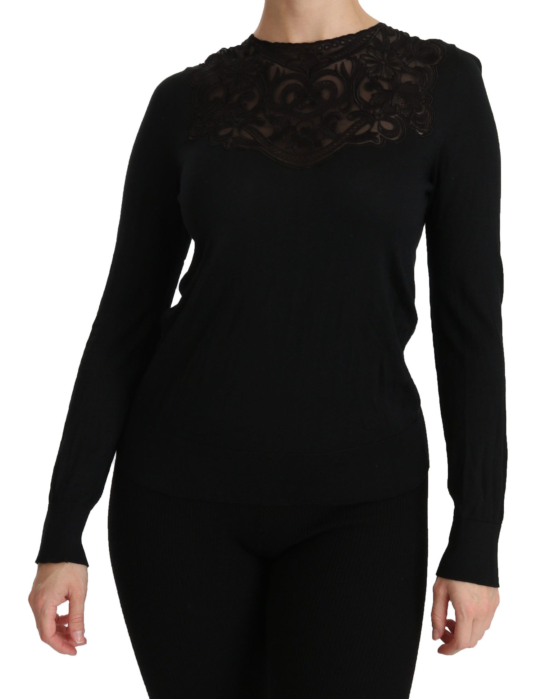 Dolce & Gabbana Schwarze Seidenbluse mit Rundhalsausschnitt und langen Ärmeln