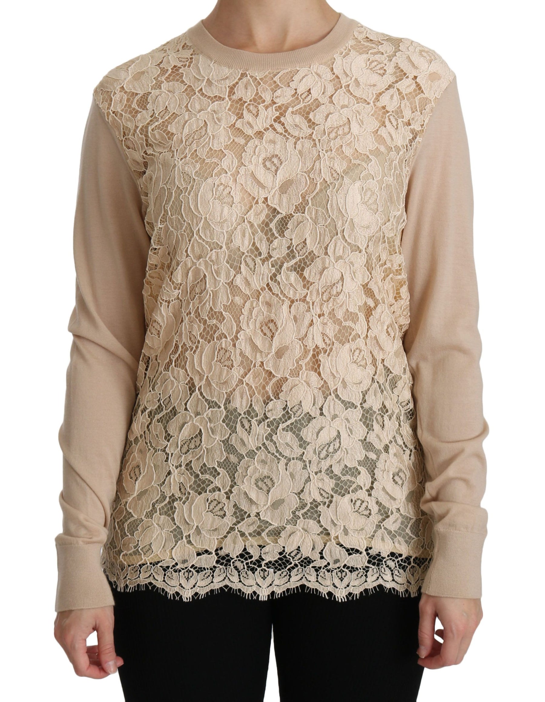 Dolce & Gabbana Beigefarbenes Langarm-Top aus Spitze Kaschmirbluse