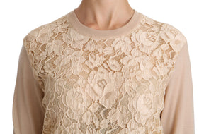 Dolce & Gabbana Beigefarbenes Langarm-Top aus Spitze Kaschmirbluse