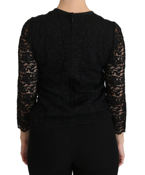 Dolce & Gabbana Schwarze langärmelige Nylonbluse mit Spitze