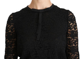 Dolce & Gabbana Schwarze langärmelige Nylonbluse mit Spitze