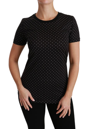Dolce & Gabbana Schwarzes gepunktetes Baumwoll-T-Shirt mit Rundhalsausschnitt