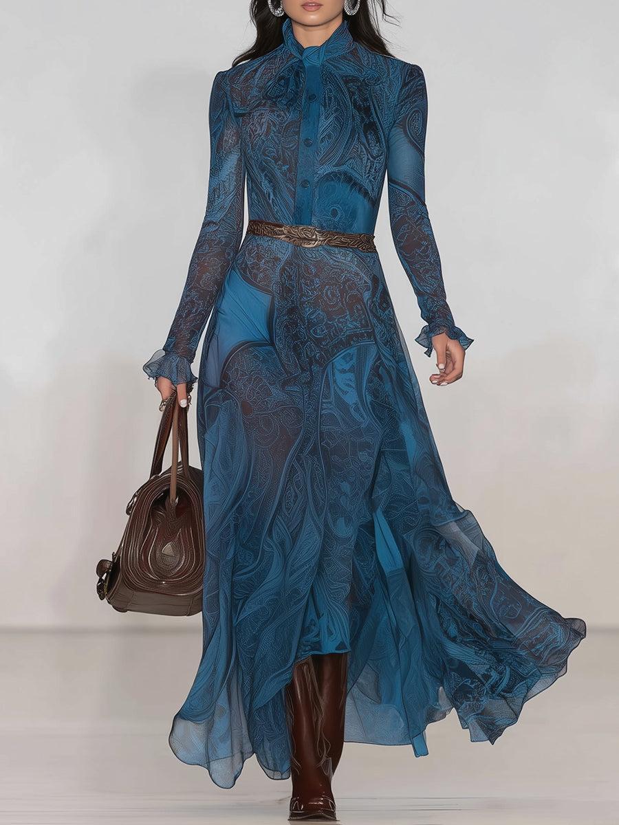 Winterzauber Eleganz: Groovy Blue Spitzen-Midi-Kleid mit Langarm