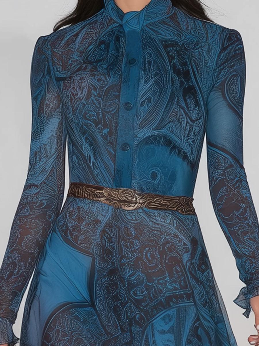 Winterzauber Eleganz: Groovy Blue Spitzen-Midi-Kleid mit Langarm