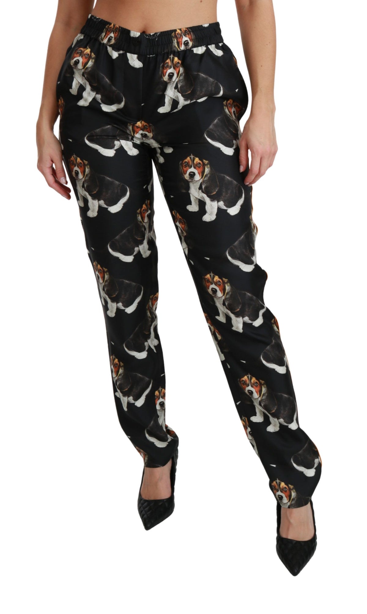 Dolce & Gabbana Schwarzer Welpenhund Mittlere Taille Skinny Seidenhosen