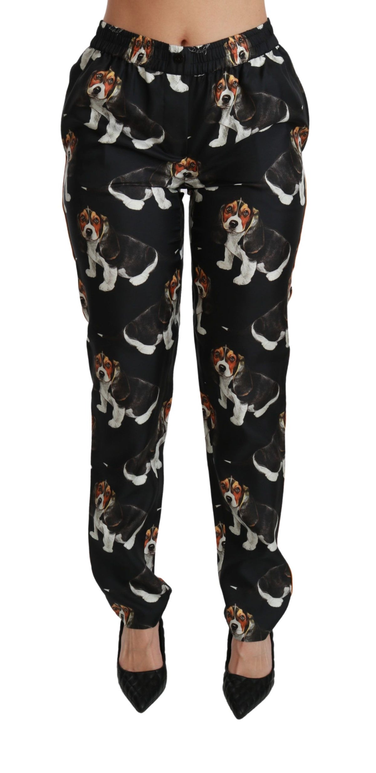 Dolce & Gabbana Schwarzer Welpenhund Mittlere Taille Skinny Seidenhosen