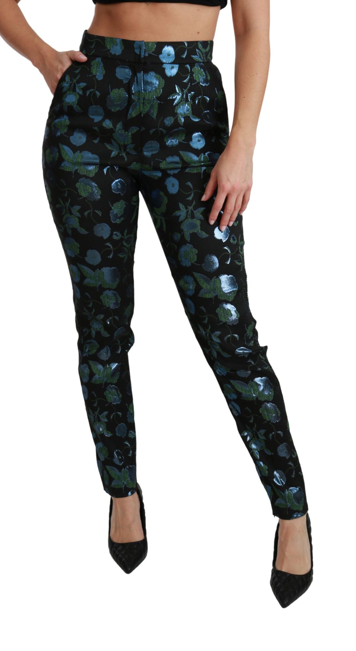 Dolce & Gabbana Blaugrüne Metallic-Hose mit Blumenmuster