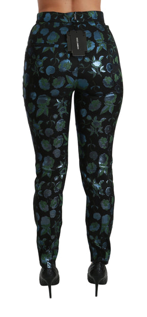 Dolce & Gabbana Blaugrüne Metallic-Hose mit Blumenmuster