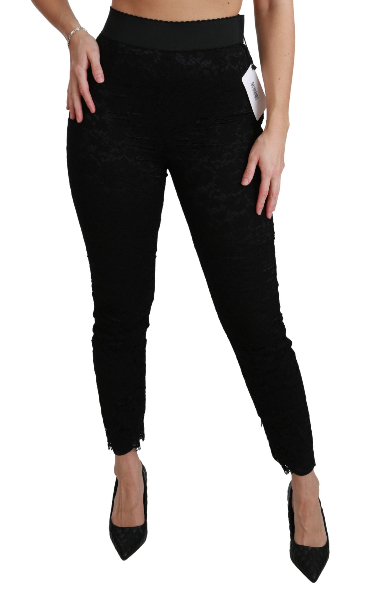 Dolce & Gabbana Schwarze Skinny Hose mit hoher Taille aus Baumwolle mit Spitze