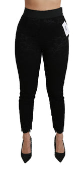 Dolce & Gabbana Schwarze Skinny Hose mit hoher Taille aus Baumwolle mit Spitze