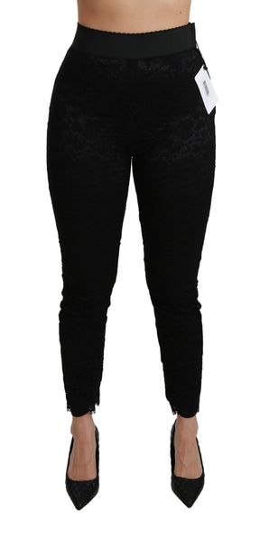 Dolce & Gabbana Schwarze Skinny Hose mit hoher Taille aus Baumwolle mit Spitze