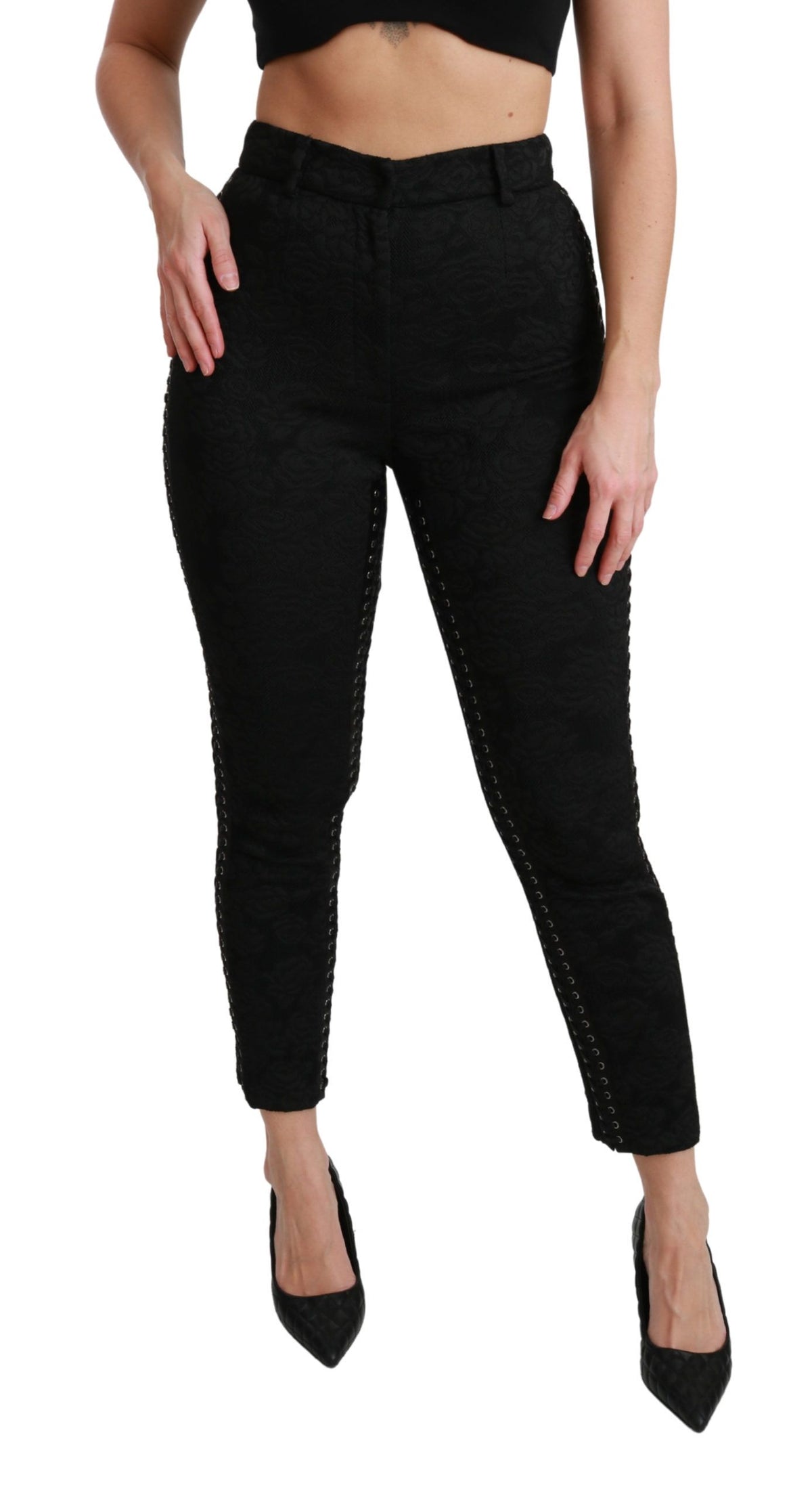 Dolce & Gabbana Schwarze Brokat Skinny Hose mit hoher Taille