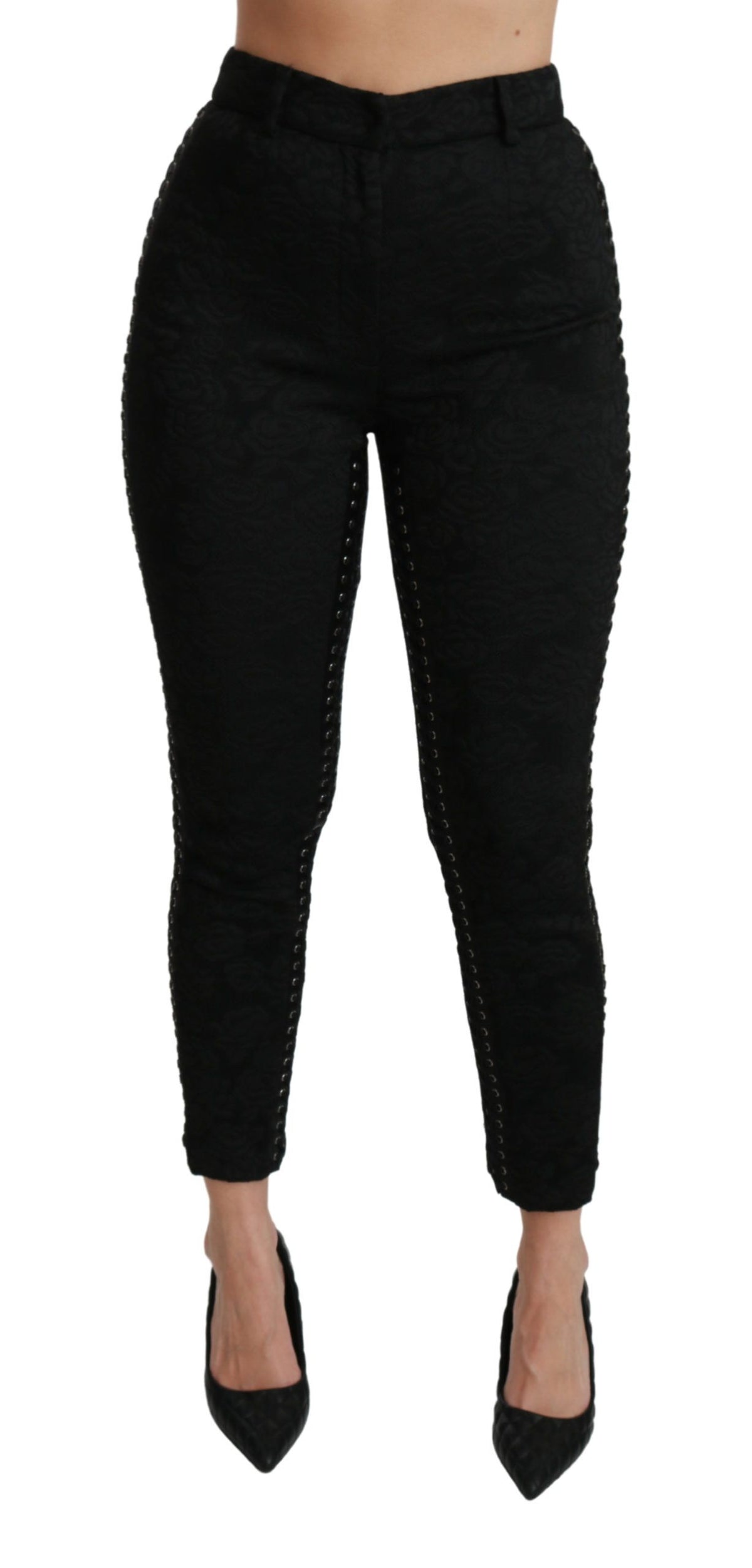 Dolce & Gabbana Schwarze Brokat Skinny Hose mit hoher Taille