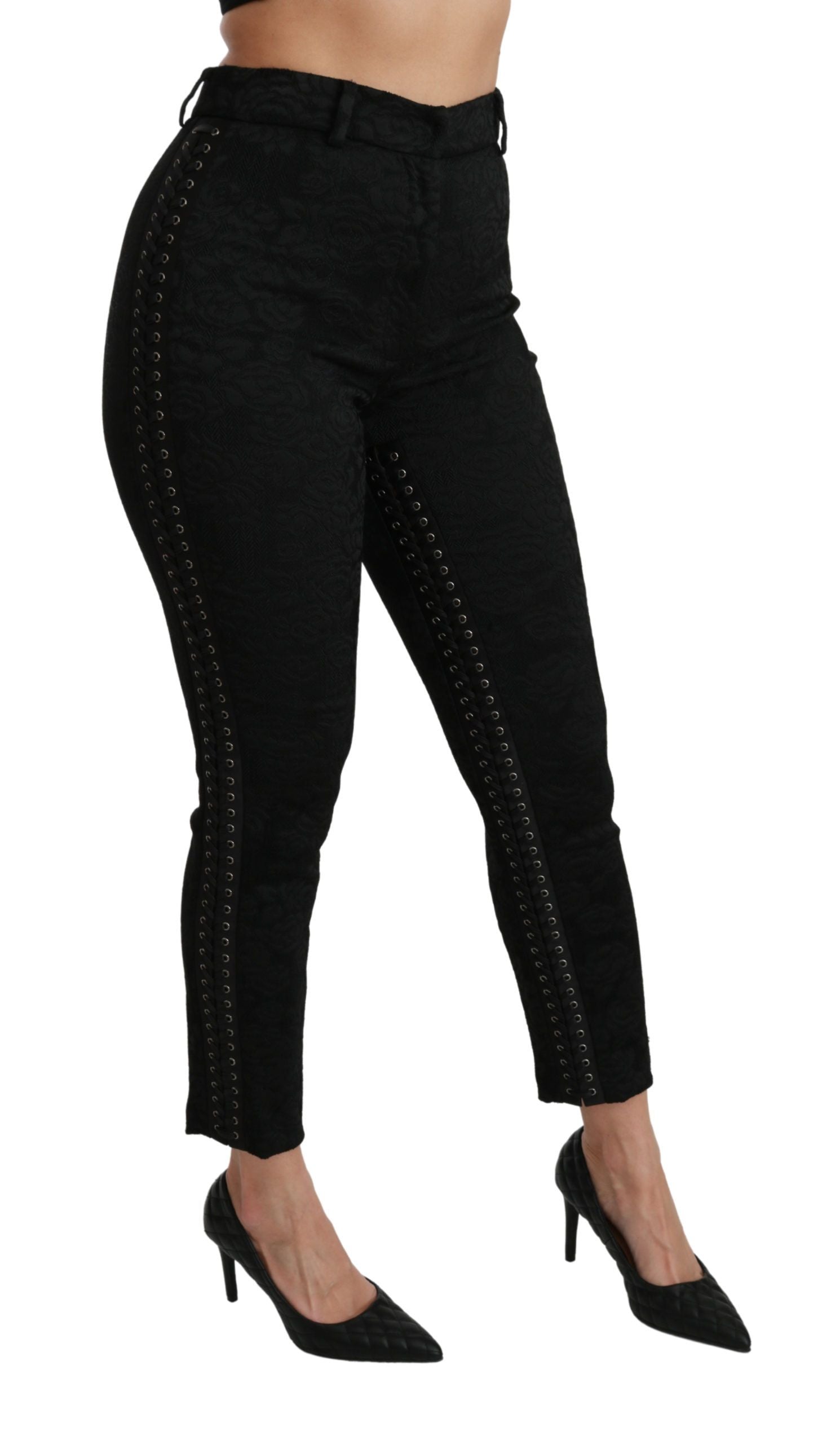Dolce & Gabbana Schwarze Brokat Skinny Hose mit hoher Taille