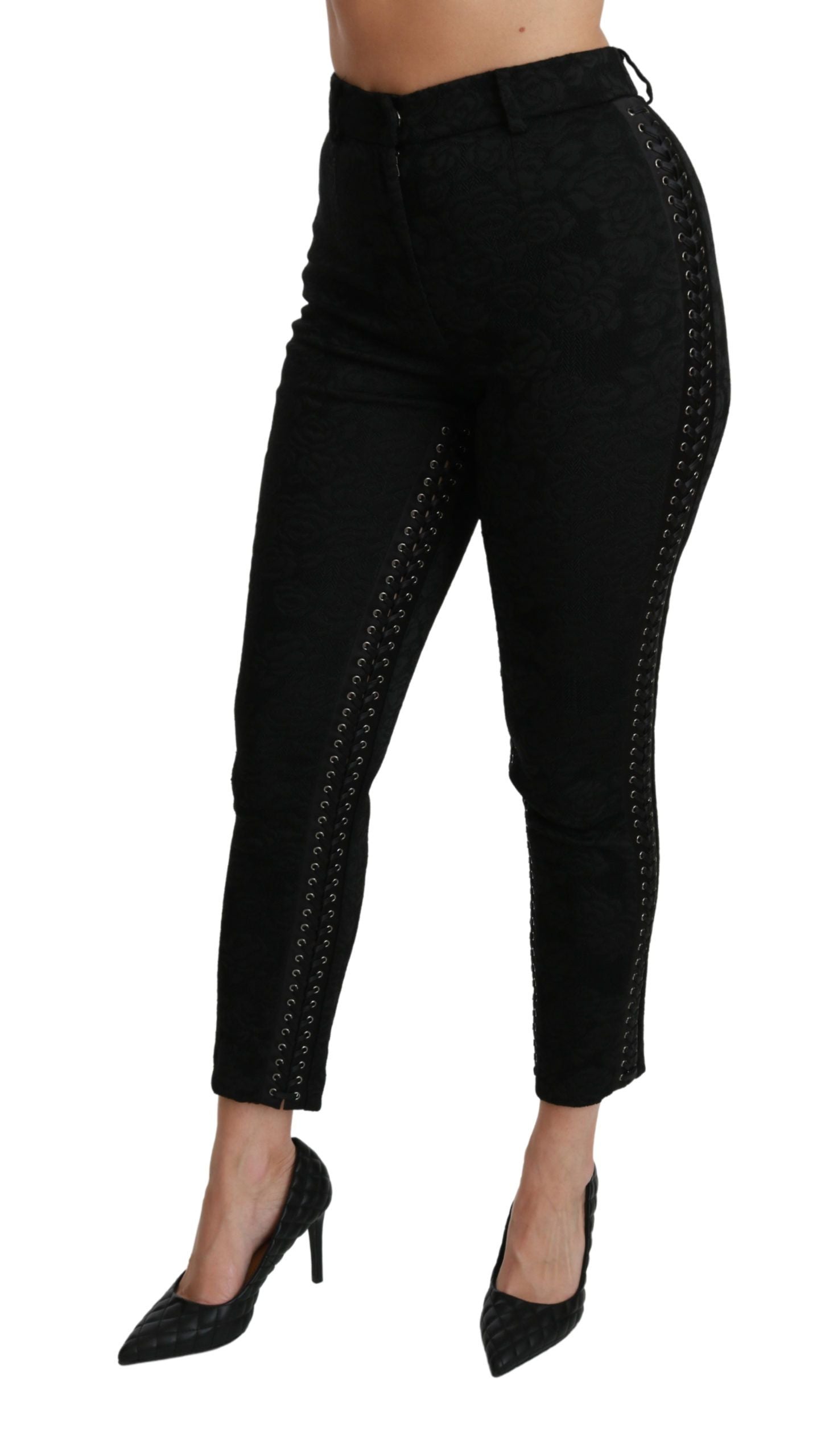 Dolce & Gabbana Schwarze Brokat Skinny Hose mit hoher Taille