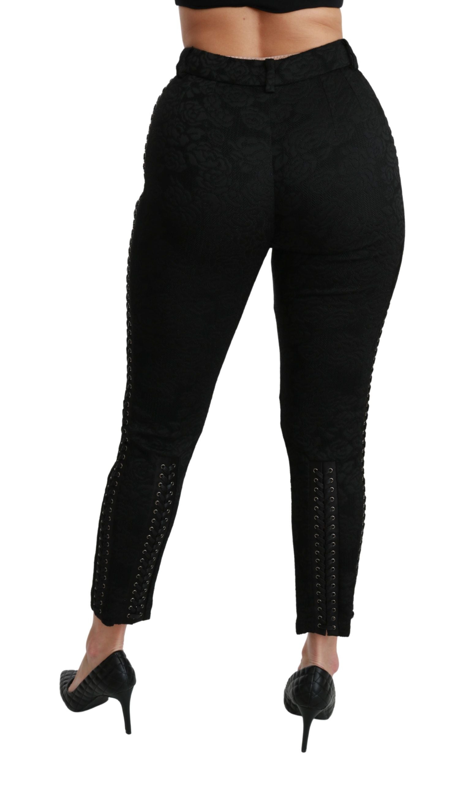 Dolce & Gabbana Schwarze Brokat Skinny Hose mit hoher Taille