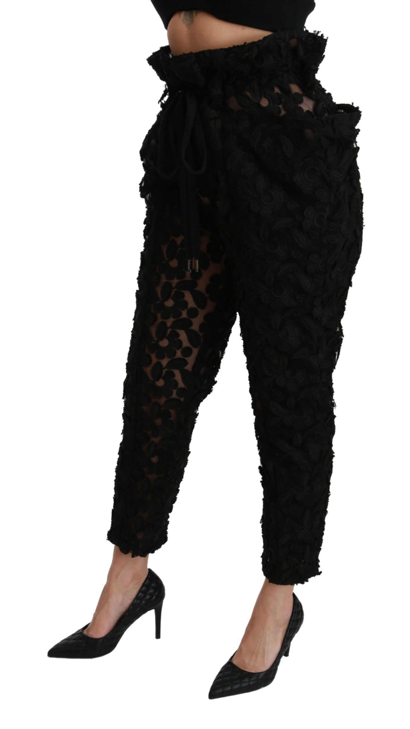 Dolce & Gabbana Schwarze, florale, spitz zulaufende Hose mit hoher Taille