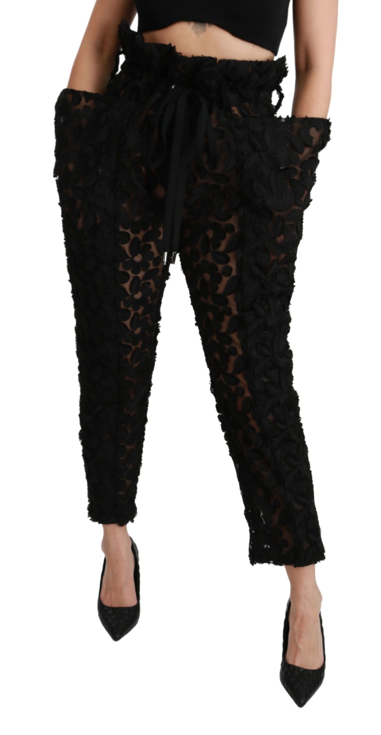 Dolce & Gabbana Schwarze, florale, spitz zulaufende Hose mit hoher Taille