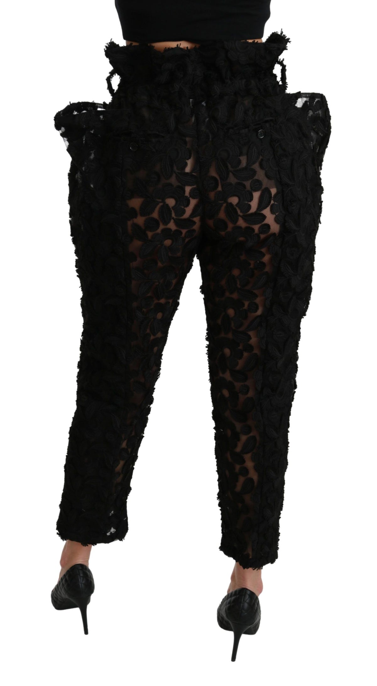 Dolce & Gabbana Schwarze, florale, spitz zulaufende Hose mit hoher Taille