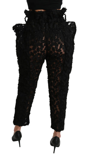 Dolce & Gabbana Schwarze, florale, spitz zulaufende Hose mit hoher Taille