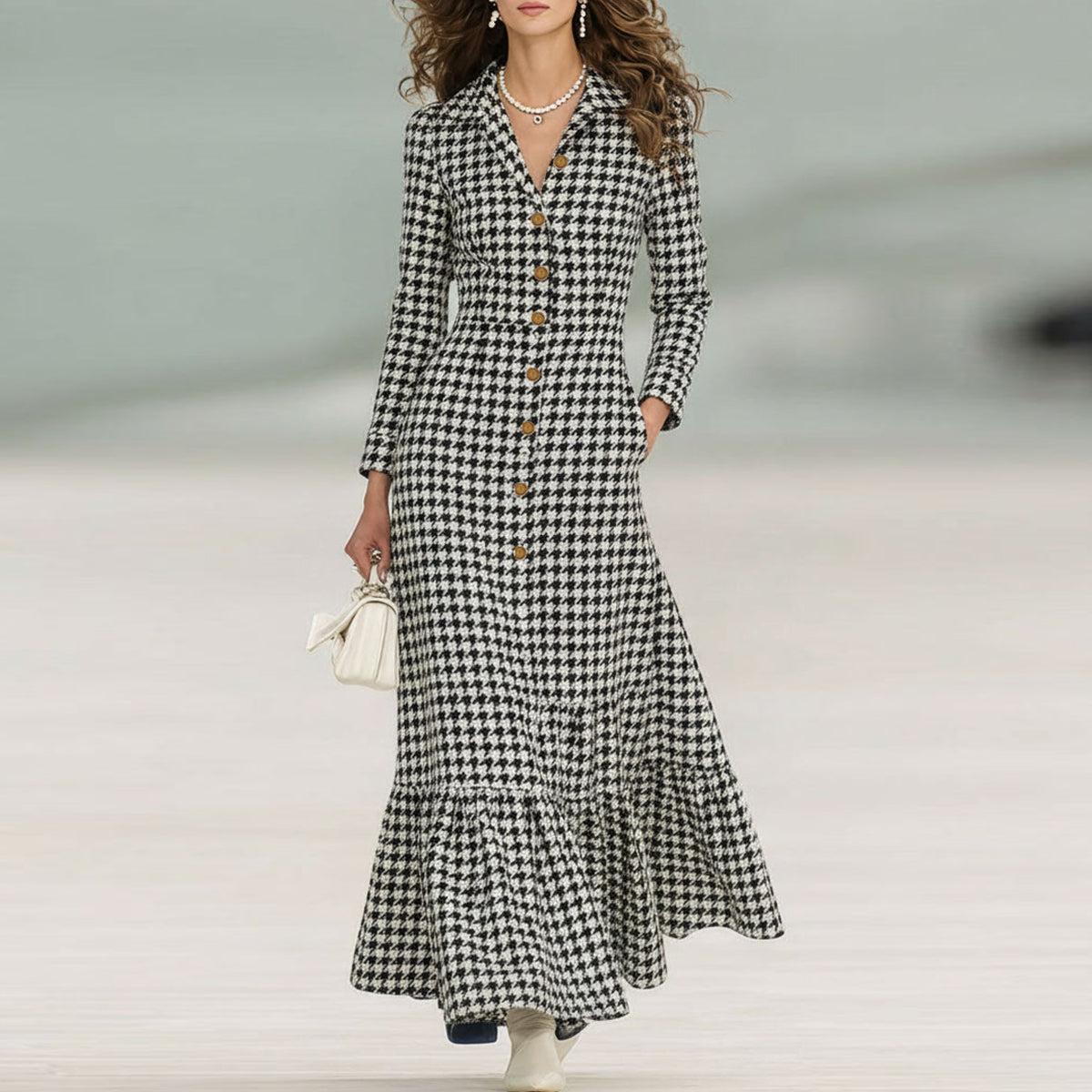 Chic Long Sleeve Houndstooth Maxi Dress - Elegante Mode für den Frühling