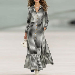 Chic Long Sleeve Houndstooth Maxi Dress - Elegante Mode für den Frühling