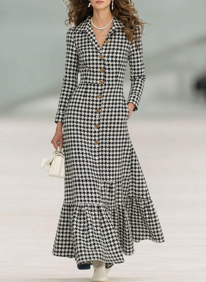 Chic Long Sleeve Houndstooth Maxi Dress - Elegante Mode für den Frühling