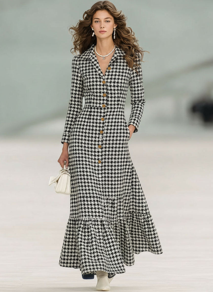 Chic Long Sleeve Houndstooth Maxi Dress - Elegante Mode für den Frühling