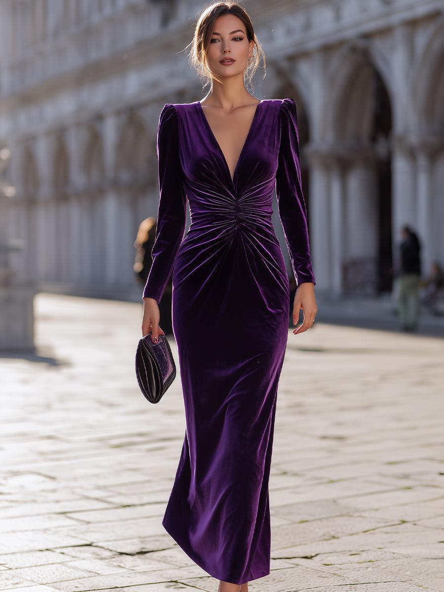 Classic Purple Plain Long Sleeve Maxi Dress