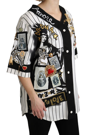 Dolce & Gabbana Weiß-schwarze Bluse Baumwolle Crystal Charms Amore Shirt