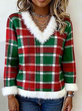 Kuscheliges Karo Christmas Top mit Kunstfell – Winter Damen
