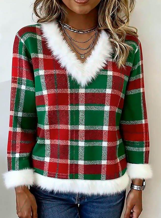 Kuscheliges Karo Christmas Top mit Kunstfell – Winter Damen