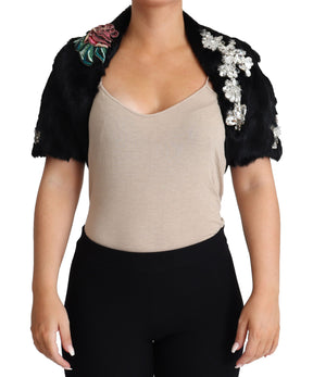 Dolce & Gabbana Schwarzer Kaninchenfell-Kristall-Pailletten-Mantel