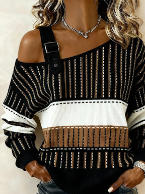 Winter One-Shoulder Stricktop Damen gestreift S-5XL
