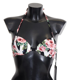Dolce & Gabbana Mehrfarbig gestreifte Bikini-Oberteile mit Rosendruck in Bademode