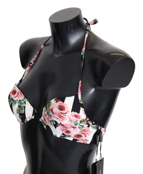 Dolce & Gabbana Mehrfarbig gestreifte Bikini-Oberteile mit Rosendruck in Bademode