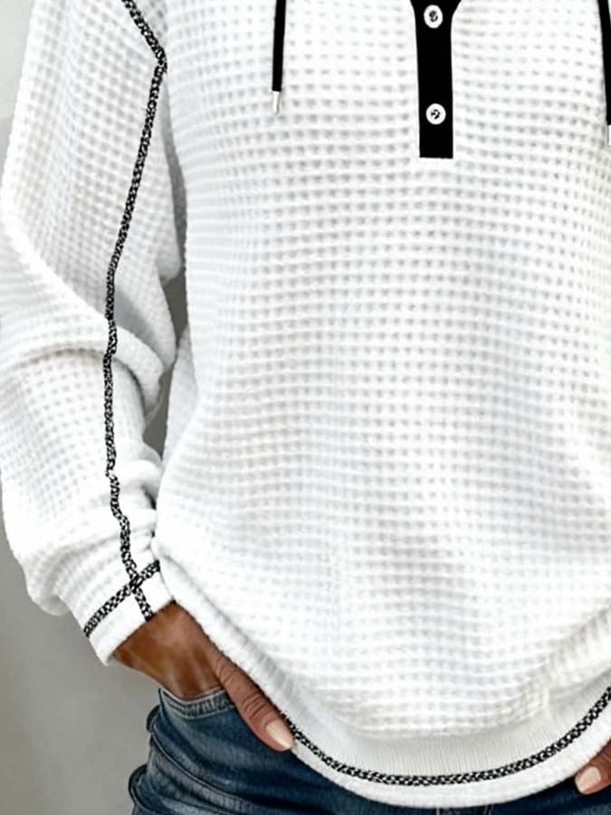 Damen Winter Hoodie Pullover Colorblock Waffelstrick Weiß