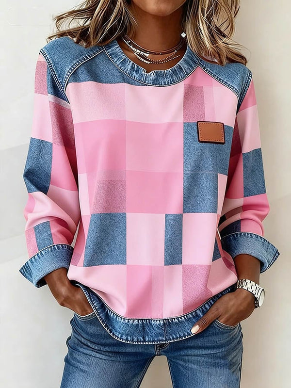 Damen Winter Patchwork Sweatshirt Rosa Denim Casual Pullover